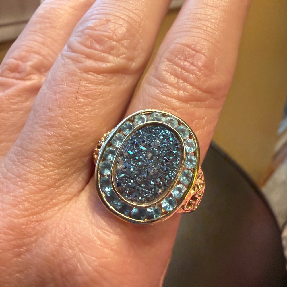 Elegant Blue Topaz and Druzy 14k Gold Oval Ring